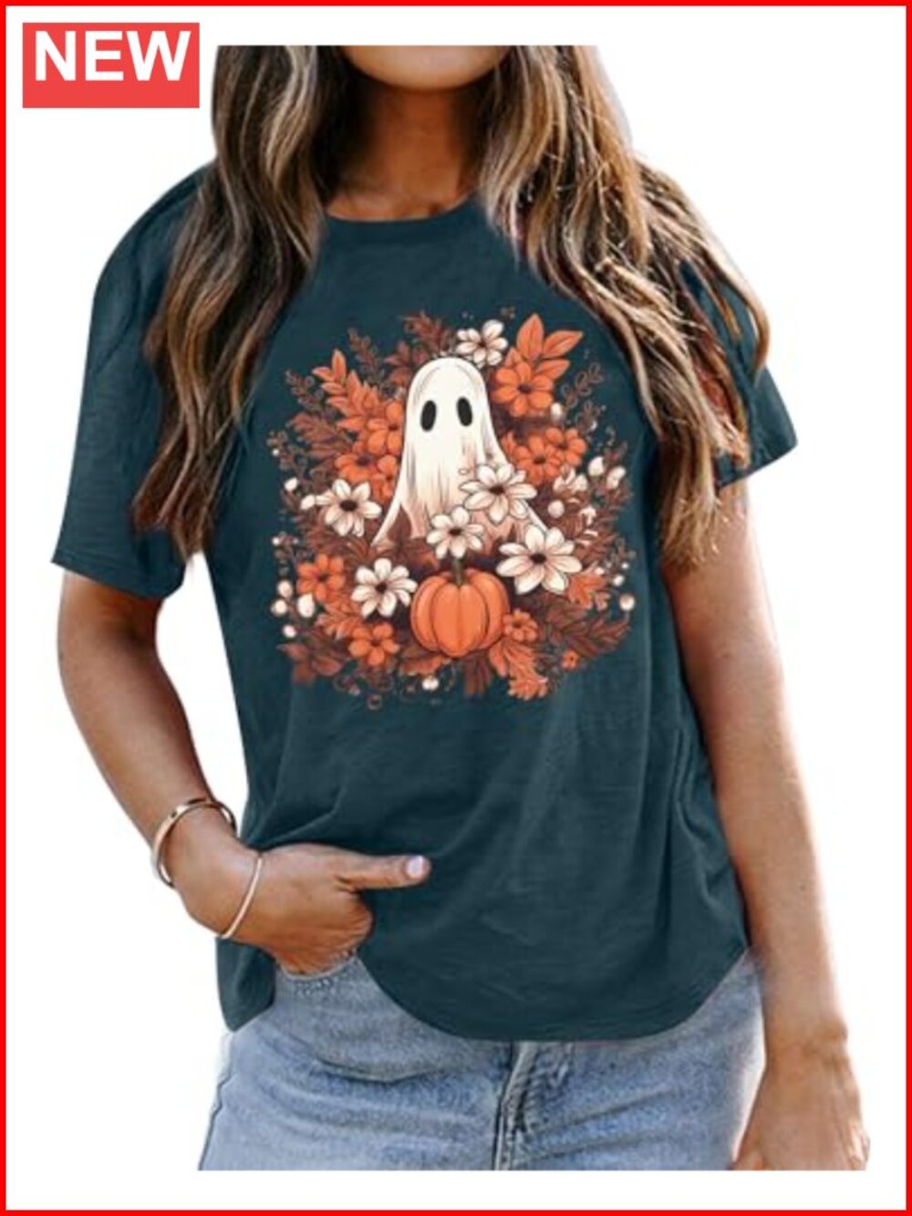 Halloween Ghost Pumpkin T-Shirt Women Fall Floral Graphic Tee